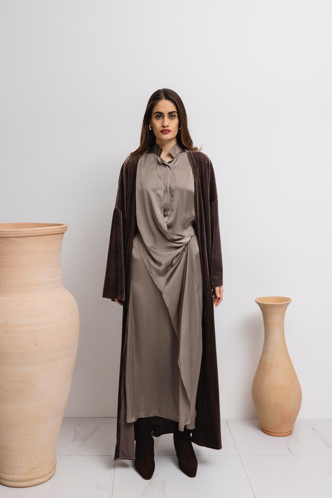 Brown Draped Silk Set