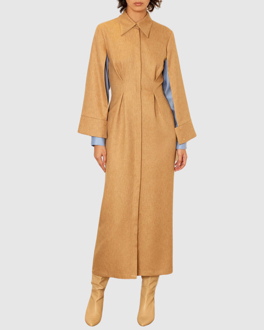 Camel Pleated Shirt Dress