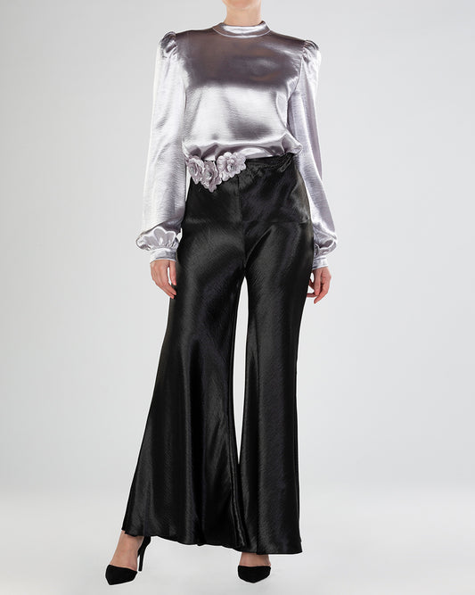 Silver Satin Long Sleeve Top