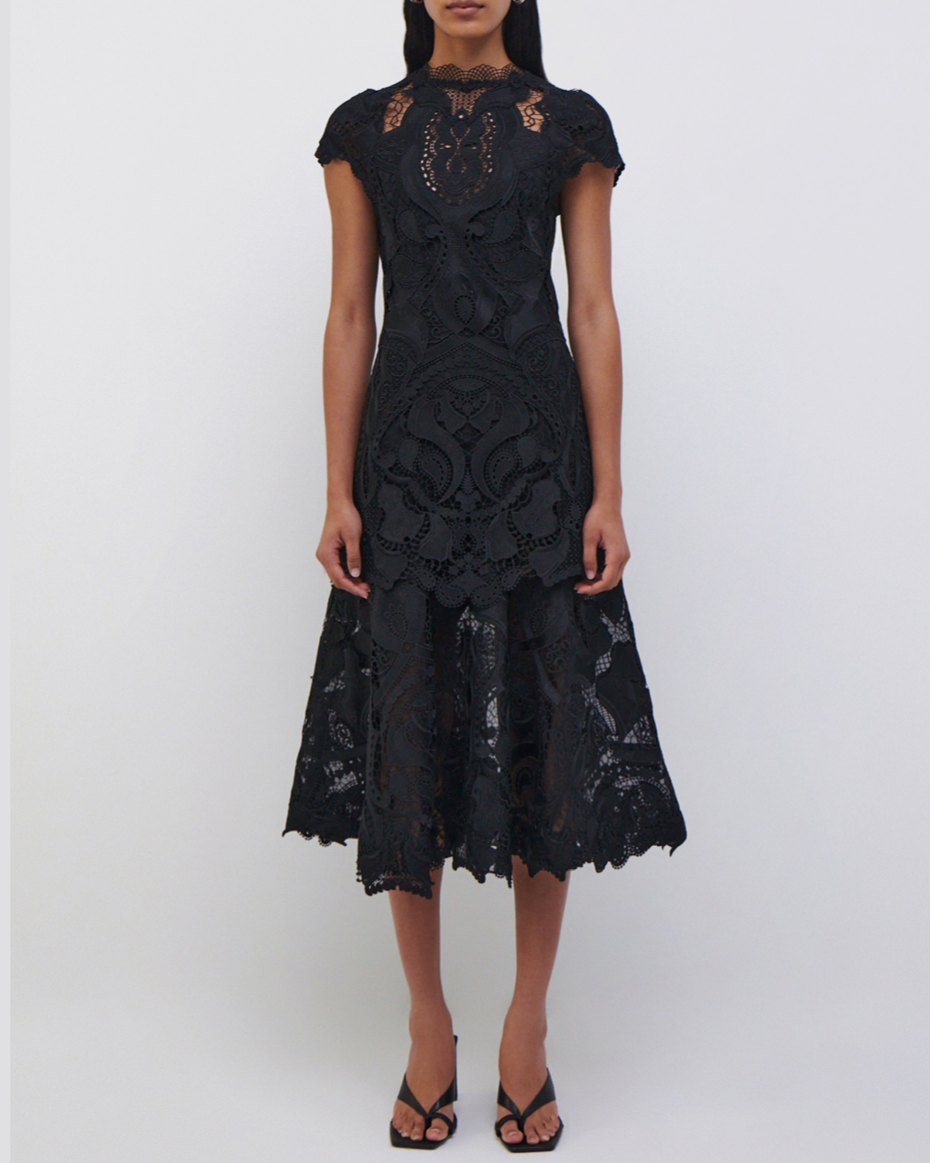 Black Laura Guipure Lace Midi Dress